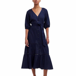 Navy V-Neck Button Midi tiered Dress - Size 10 - NWT - Missing waist tie